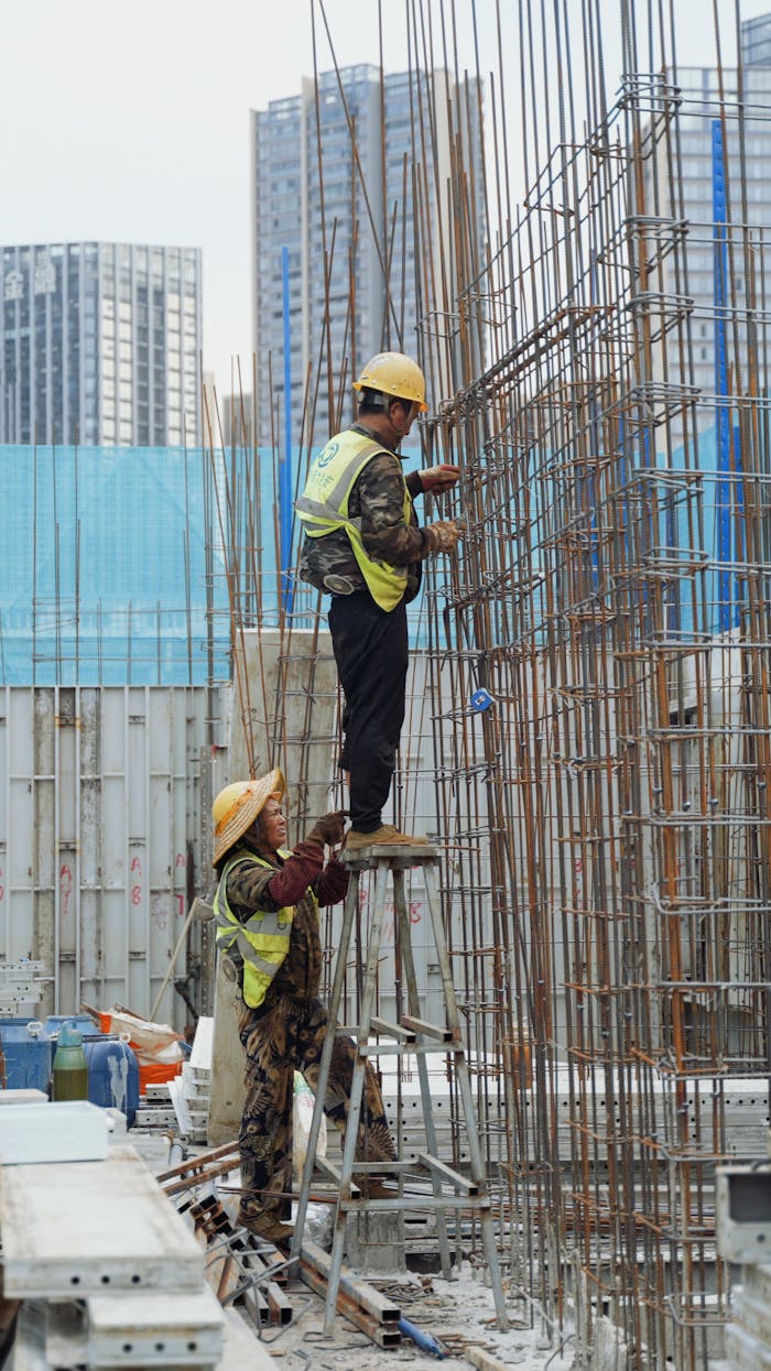 Two construction workers on site erecting steel framework for urban skyscrapers.